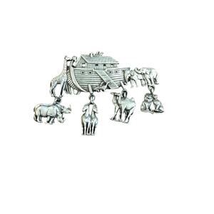 Noahs Ark JJ Jonette Jewelry Signed Brooch Pin Pewter Dangling Animal Pairs VTG